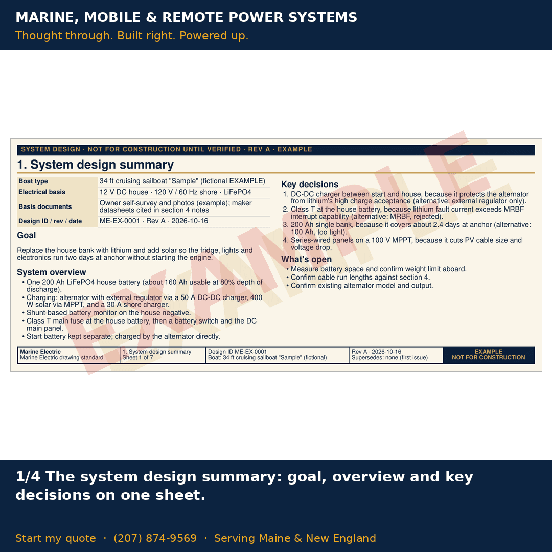 EXAMPLE system design summary sheet for the fictional boat "Sample", showing the goal, system overview and key decisions.