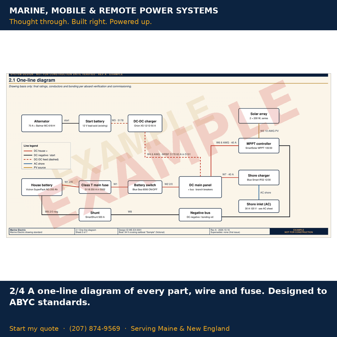 EXAMPLE one-line diagram showing a lithium house battery, Class T fuse, battery switch, DC-DC charger, solar MPPT, shore charger and labelled wire runs.