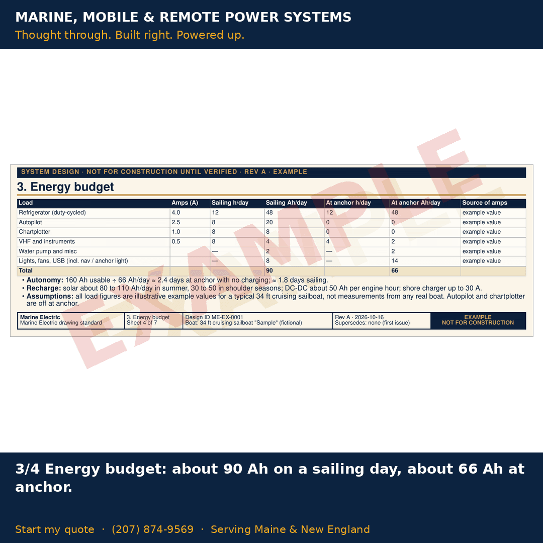EXAMPLE energy budget table showing daily amp-hour use on a sailing day and at anchor.