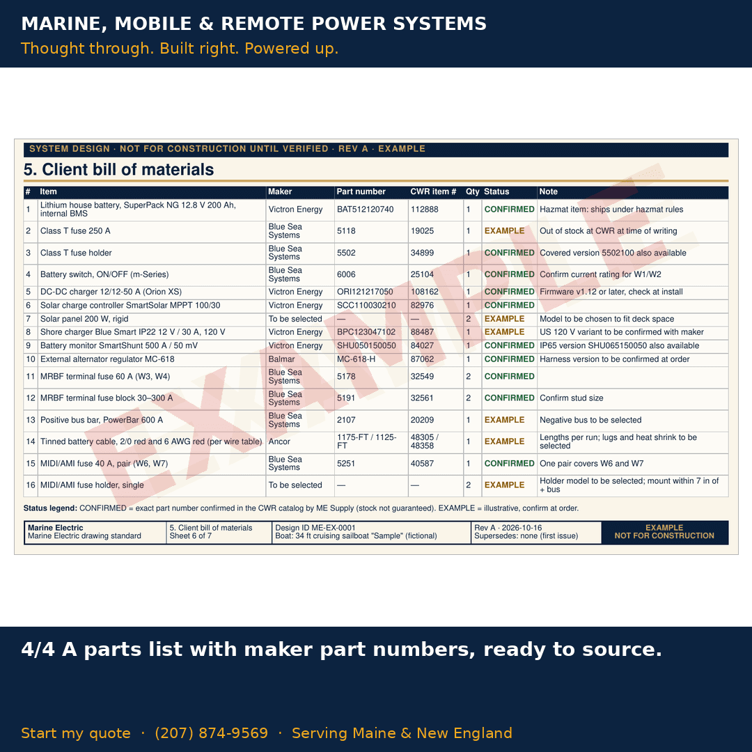 EXAMPLE parts list with maker part numbers for every component in the system design.